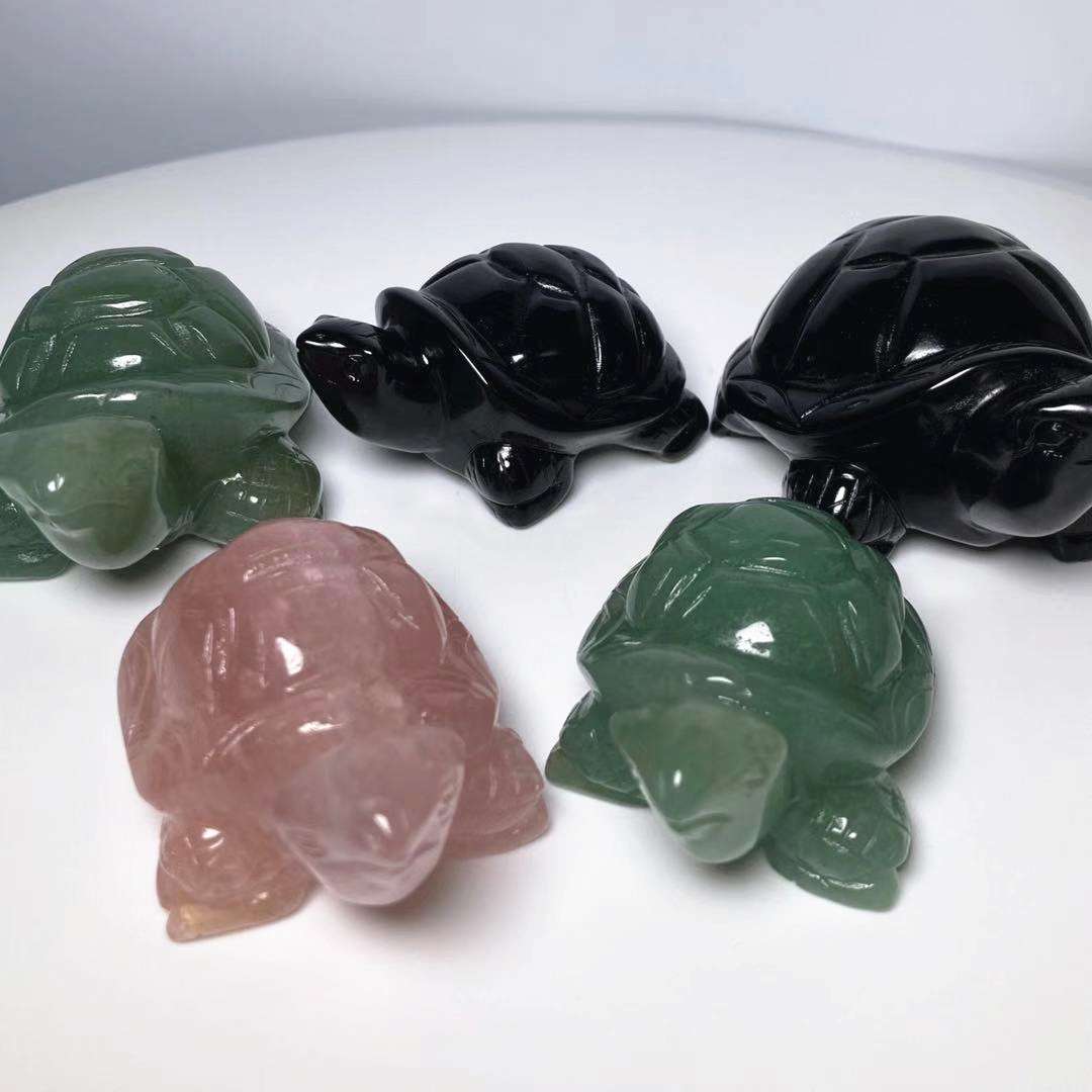 黑曜石乌龟摆件粉水晶东陵玉长寿龟装饰摆设