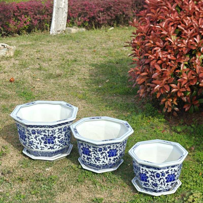 景德镇陶瓷花盆青花瓷芙蓉花八角盆有孔带托盘阳台户外绿植栽花盆