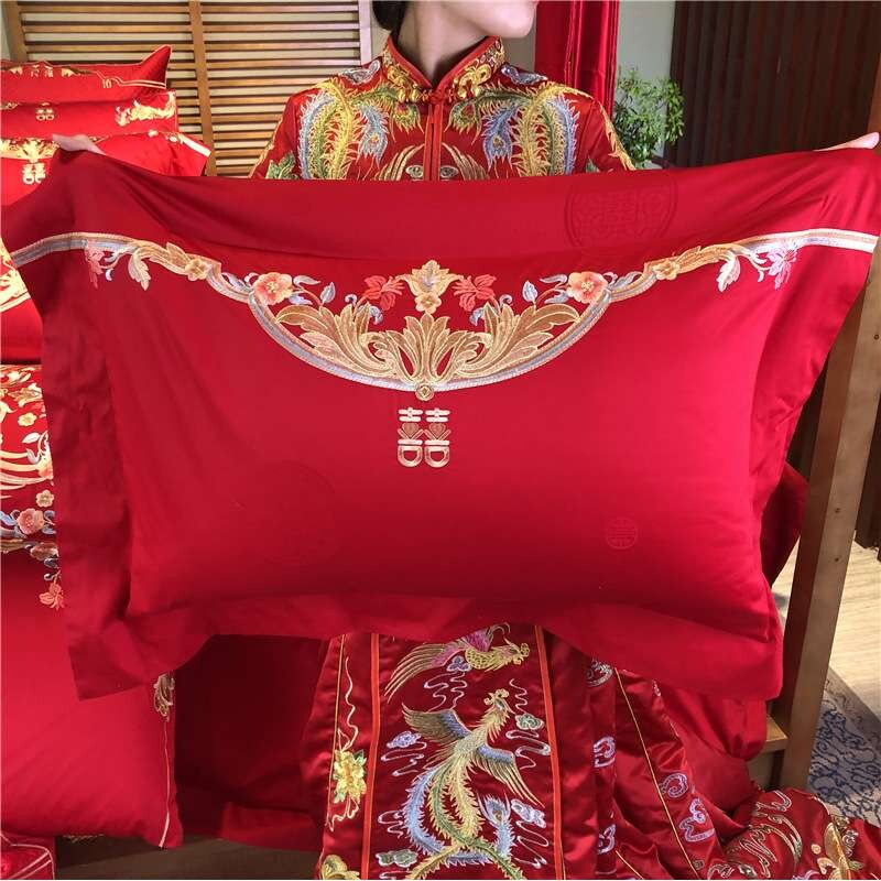 中式高档婚庆丨全棉100支贡缎龙凤刺绣四件套 红色结婚寝具多件套