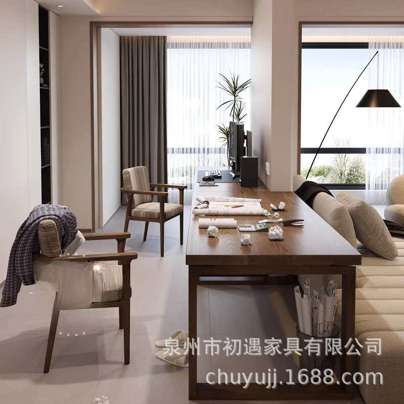 实木双人书桌简约电脑桌原木长条桌家用办公桌子工作台儿童学习桌