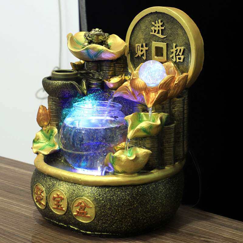 圆型鱼缸聚宝盆葫芦钱币开业流水喷泉摆件鱼缸加湿器家居