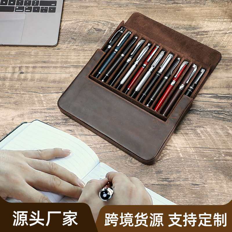 疯马皮笔袋12支装手工制作磁吸抽屉式学生办公钢笔收纳盒现货