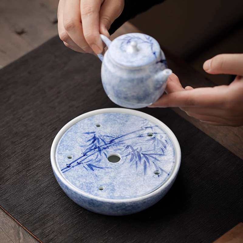 纯手绘墨染青竹干泡盘陶瓷家用圆形茶盘中式干泡台泡茶储水式茶托