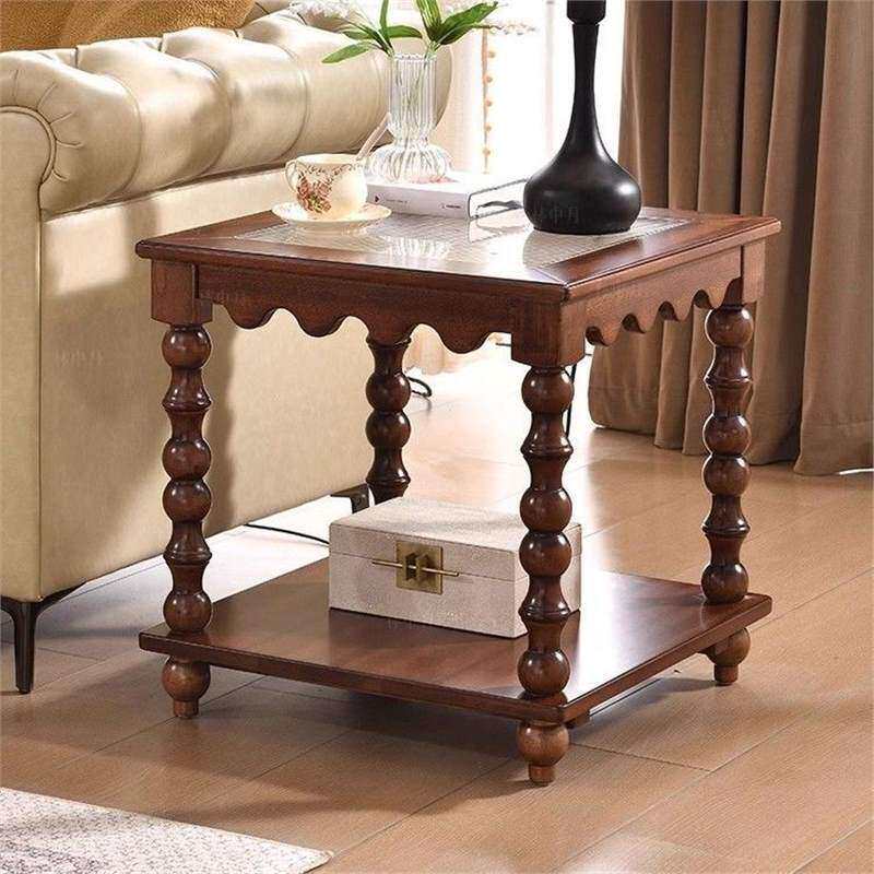中古风茶几实木方几客厅家用复古长方形玻璃边几沙发双层置物角几
