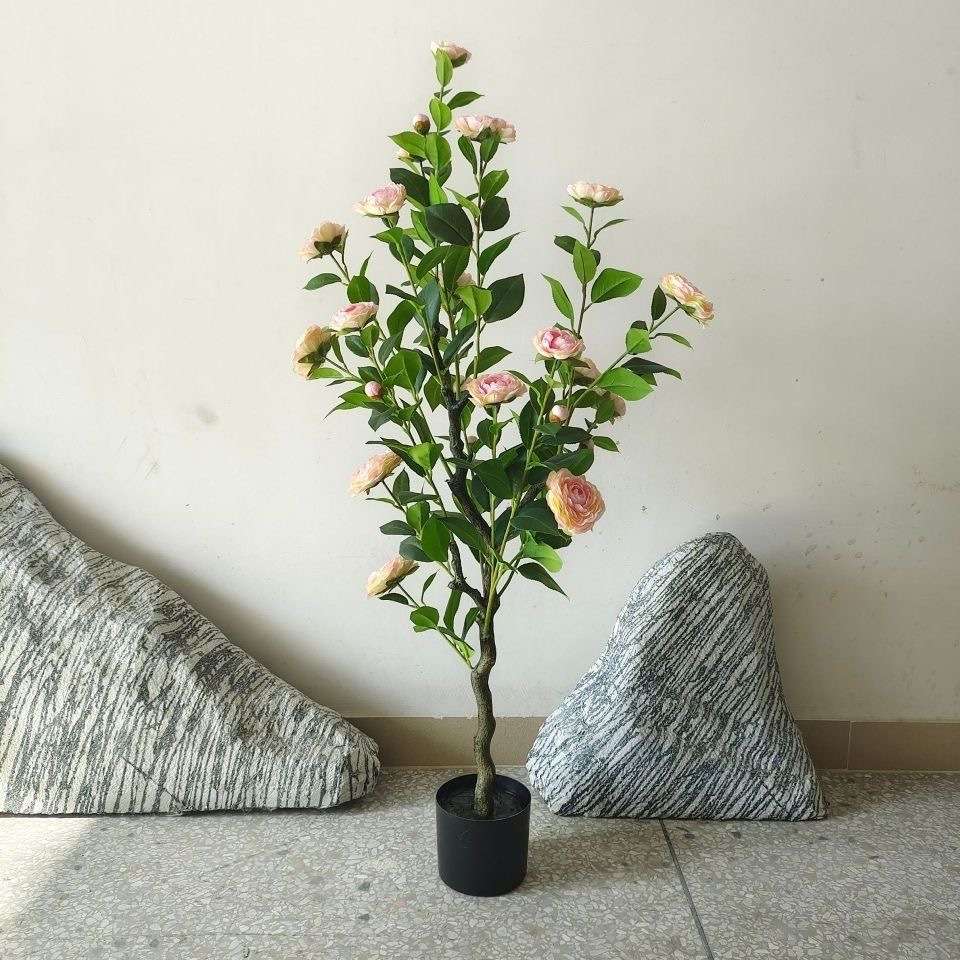 仿真绿植山茶花盆栽仿真树田园风花树办公室落地假绿植装饰盆栽