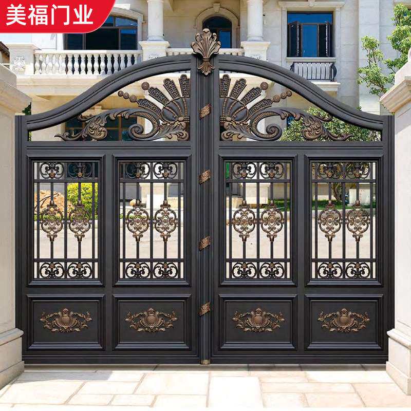 别墅庭院铝艺电动大门 高端中式入户门 铸铝铝艺新中式大宅平移门