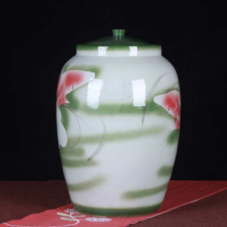 景德镇陶瓷米缸酒坛 手绘颜色釉浅雕荷花陶瓷酒坛 家居收藏摆件