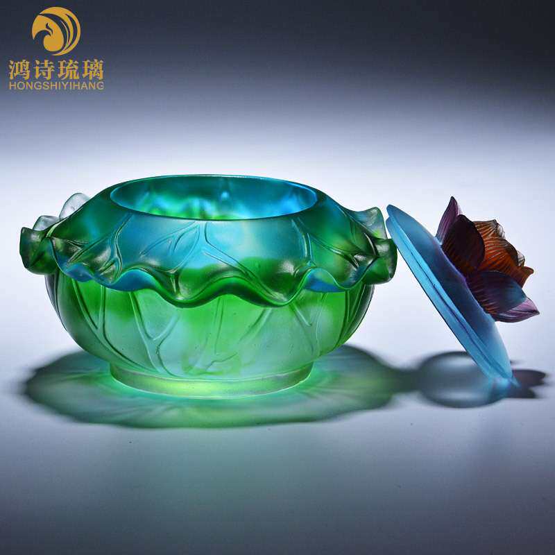 鸿诗琉璃荷花聚宝盆摆件玄关钥匙收纳存钱罐成人家装摆设