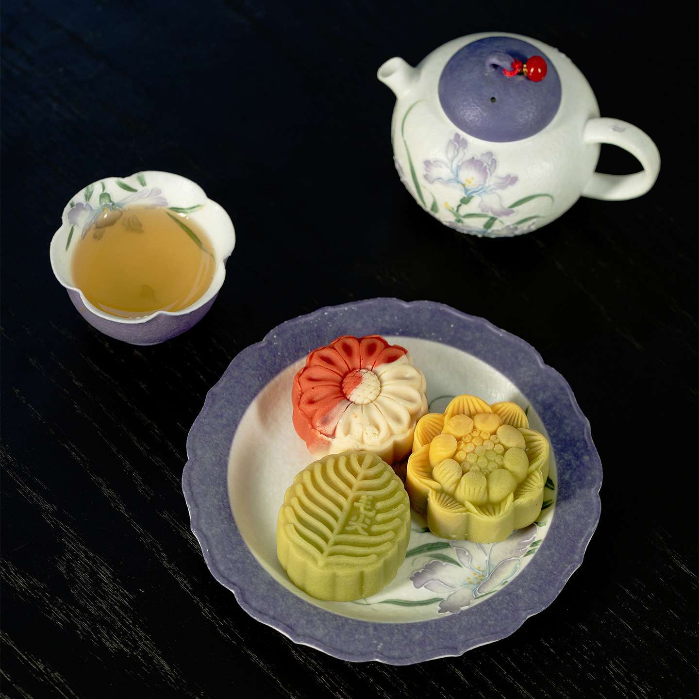 唐宋火石红暮云紫手绘鸢尾花仿古陶瓷家用壶承茶道配件茶点盘壶托