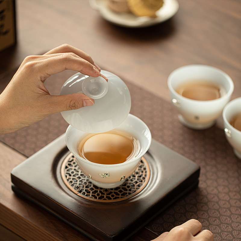 璞玉冰种锔银蝴蝶浅蓝盖碗茶杯泡茶碗家用茶具套装二才盖碗主人杯