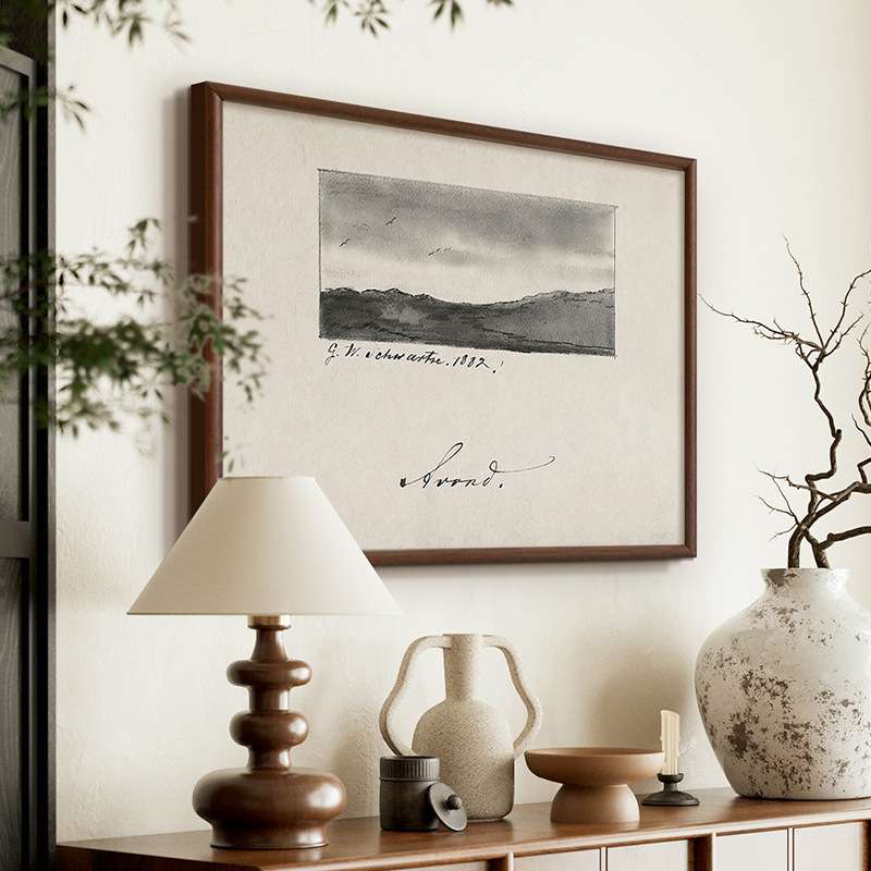 素描远山》法式复古黑白风景装饰画客餐厅中古风美式玄关艺术挂画