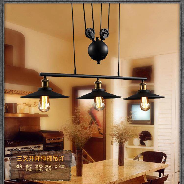 铁艺吊轮吊灯美式复古工业风欧式乡村餐厅吧台 升降三头吊灯灯具