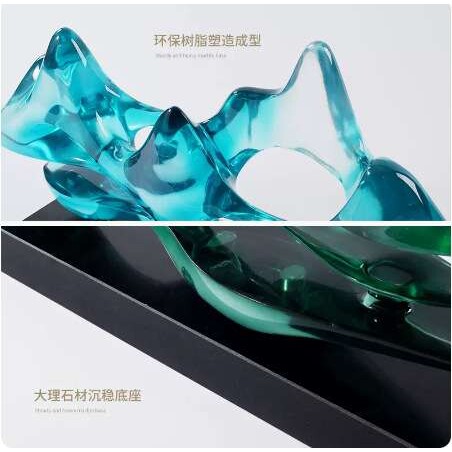 现代透明青绿色假山雕塑摆件酒店大堂玄关过道大厅新中式软装饰品