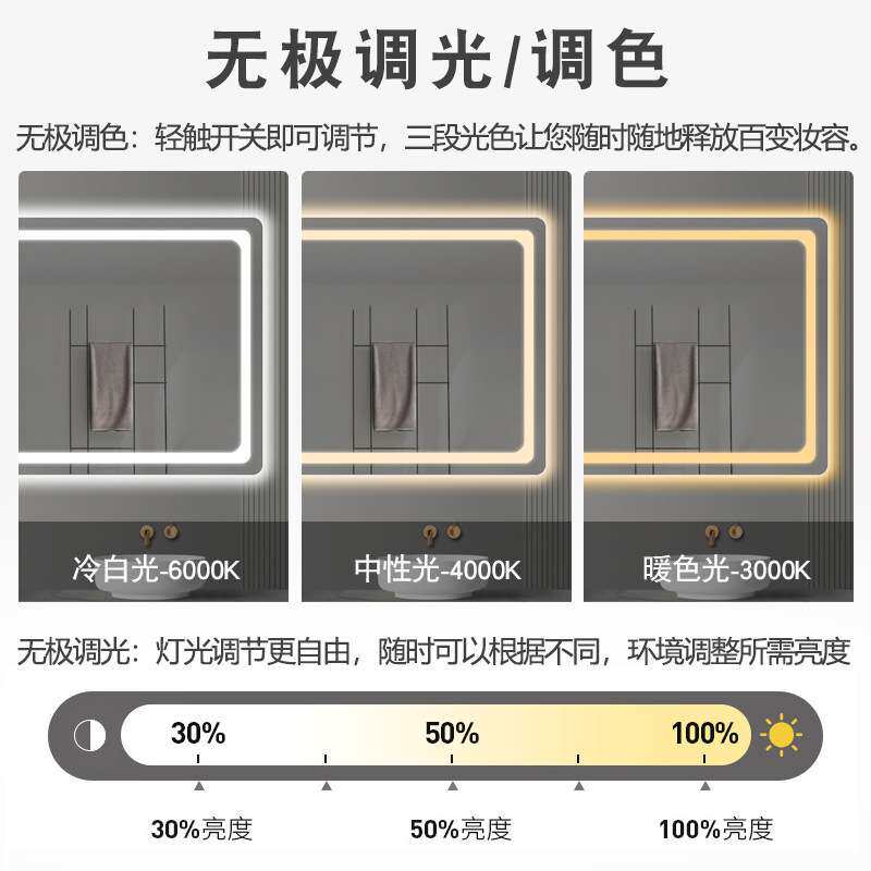 卫生间浴室镜子挂墙洗手间led带灯防雾智能镜子触摸屏厕所发光镜