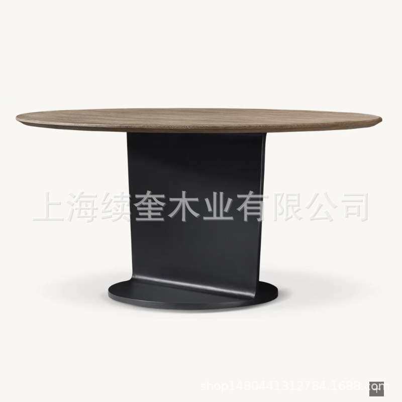RH简约不锈钢圆形实木餐桌椅组合家用餐厅家具别墅亚马逊出口工厂
