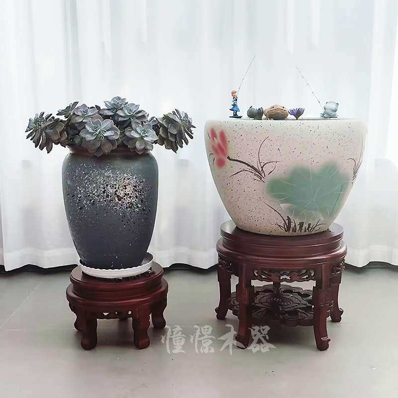 实木花架中式木质客厅花瓶盆景酒坛架圆形鱼缸底座水缸架子置物架