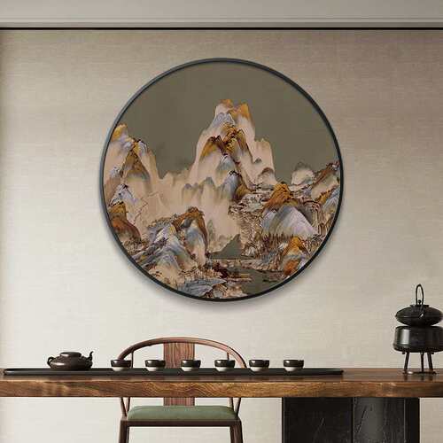 新中式玄关装饰画圆形挂画山水画入户门led灯画客厅茶室红色壁画