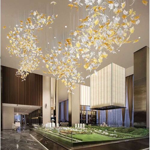 loft公寓琉璃枫叶吊灯客厅灯挑空复式楼梯大别墅酒店大堂水晶灯具