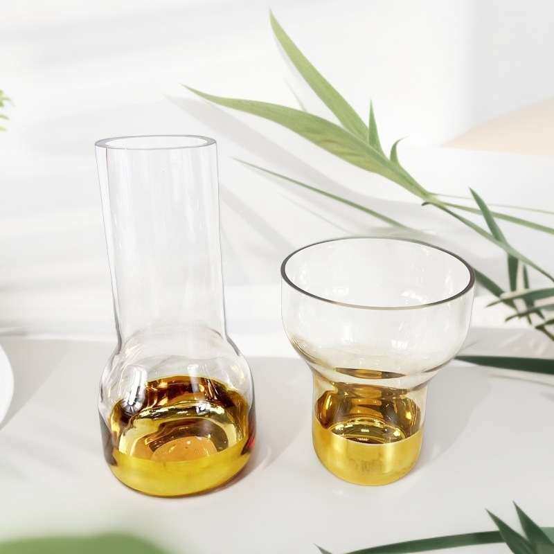电镀金色玻璃花瓶果盘套装 家用客厅茶几高档轻奢软装饰品