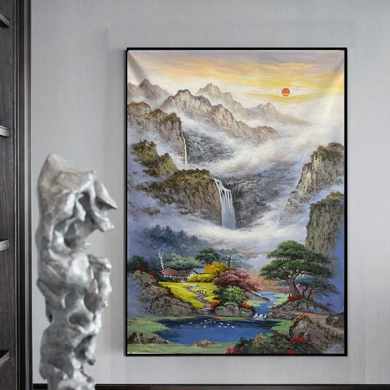 纯手绘油画风水山水画p风景日出新中式聚宝盆别墅装饰壁画走廊挂