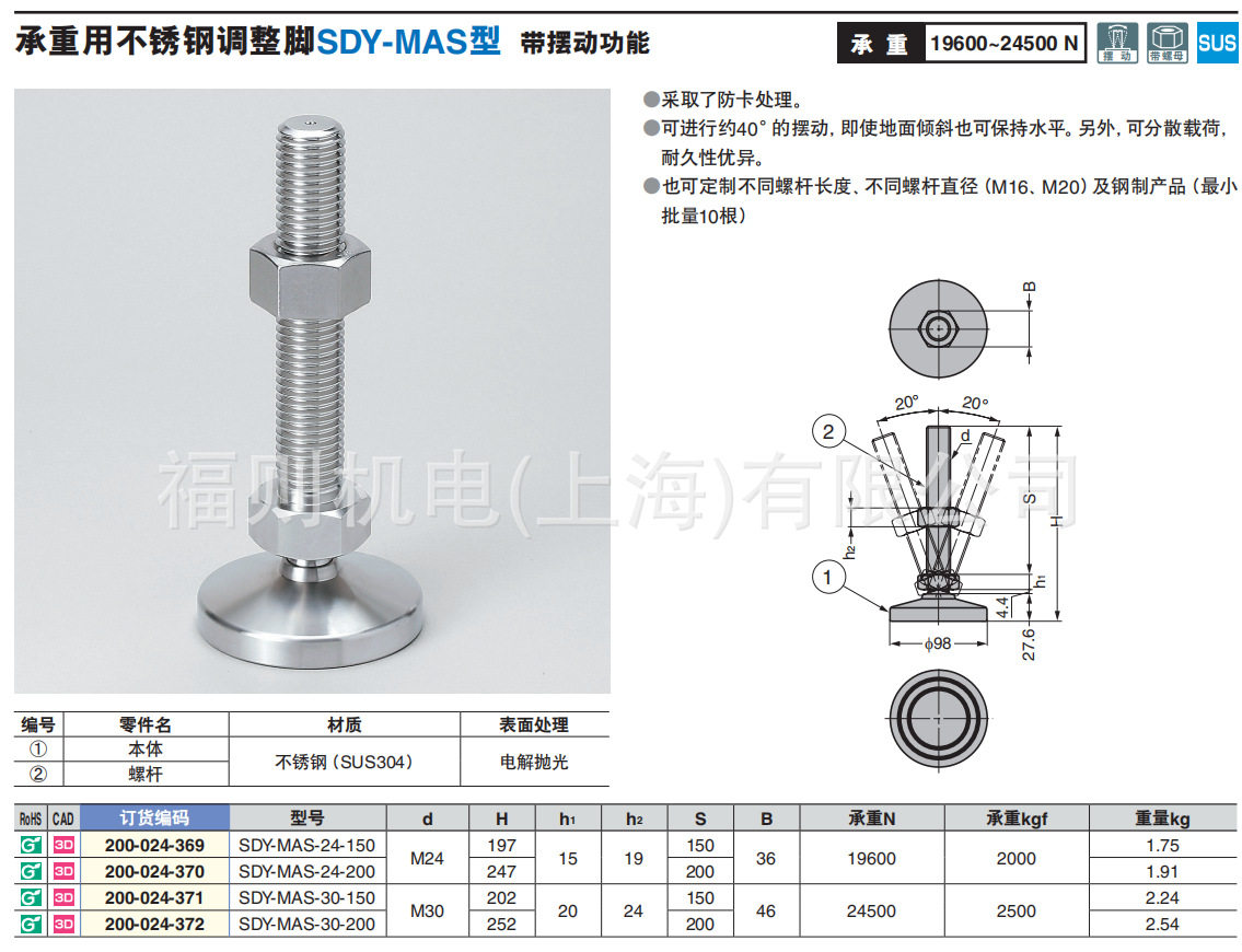 世嘉智尼SUGATSUNE蓝普LAMP承重用不锈钢调整脚 SDY-MAS型