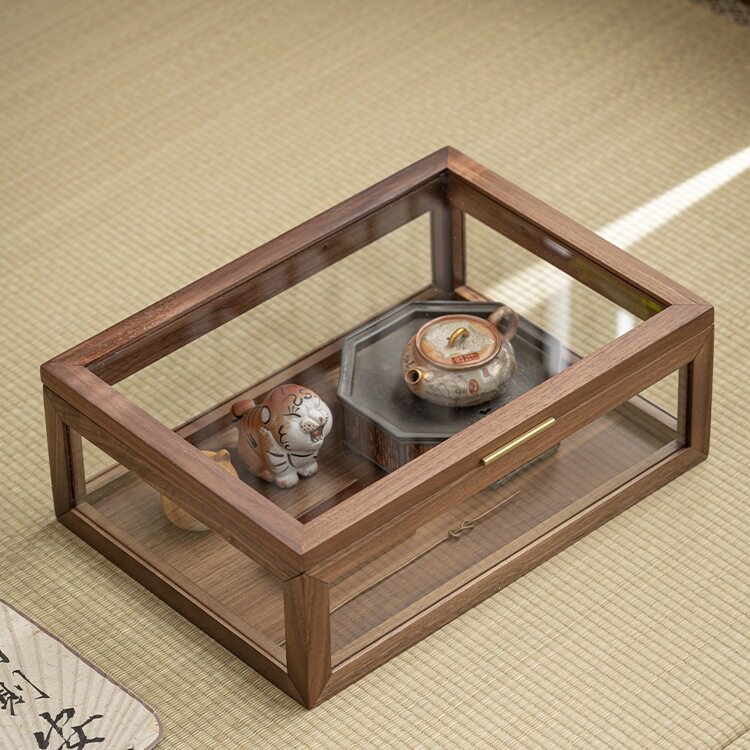 批发黑胡桃木茶壶收纳柜桌面玻璃防尘展示柜茶具杯具文玩实木陈列