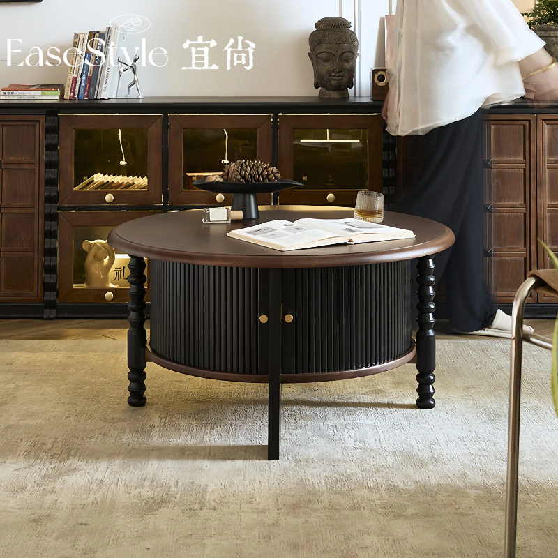 法式实木复古圆茶几圆形茶桌组合中古风小户型家用收纳茶台客厅