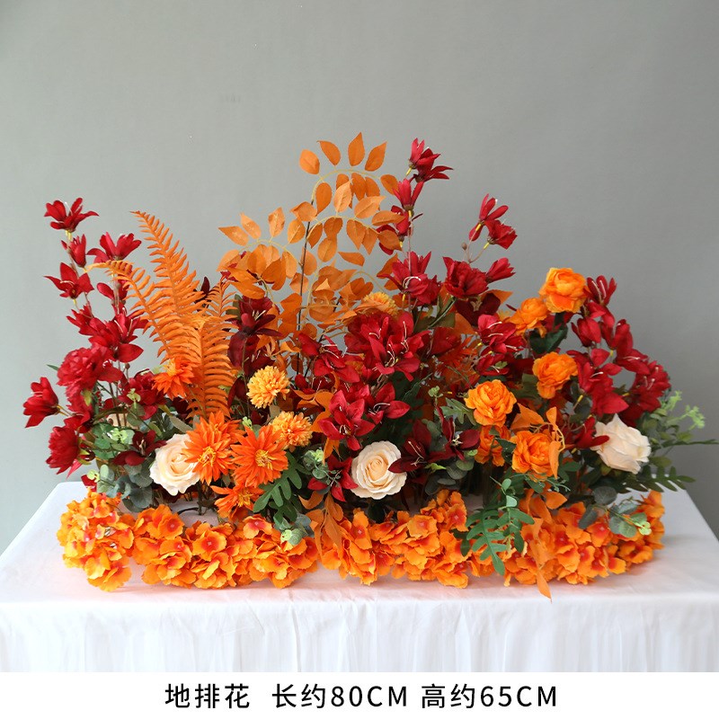 橘色地排花婚礼堂装饰花假花仿A真花舞台背景拐角挂花盆花婚庆用