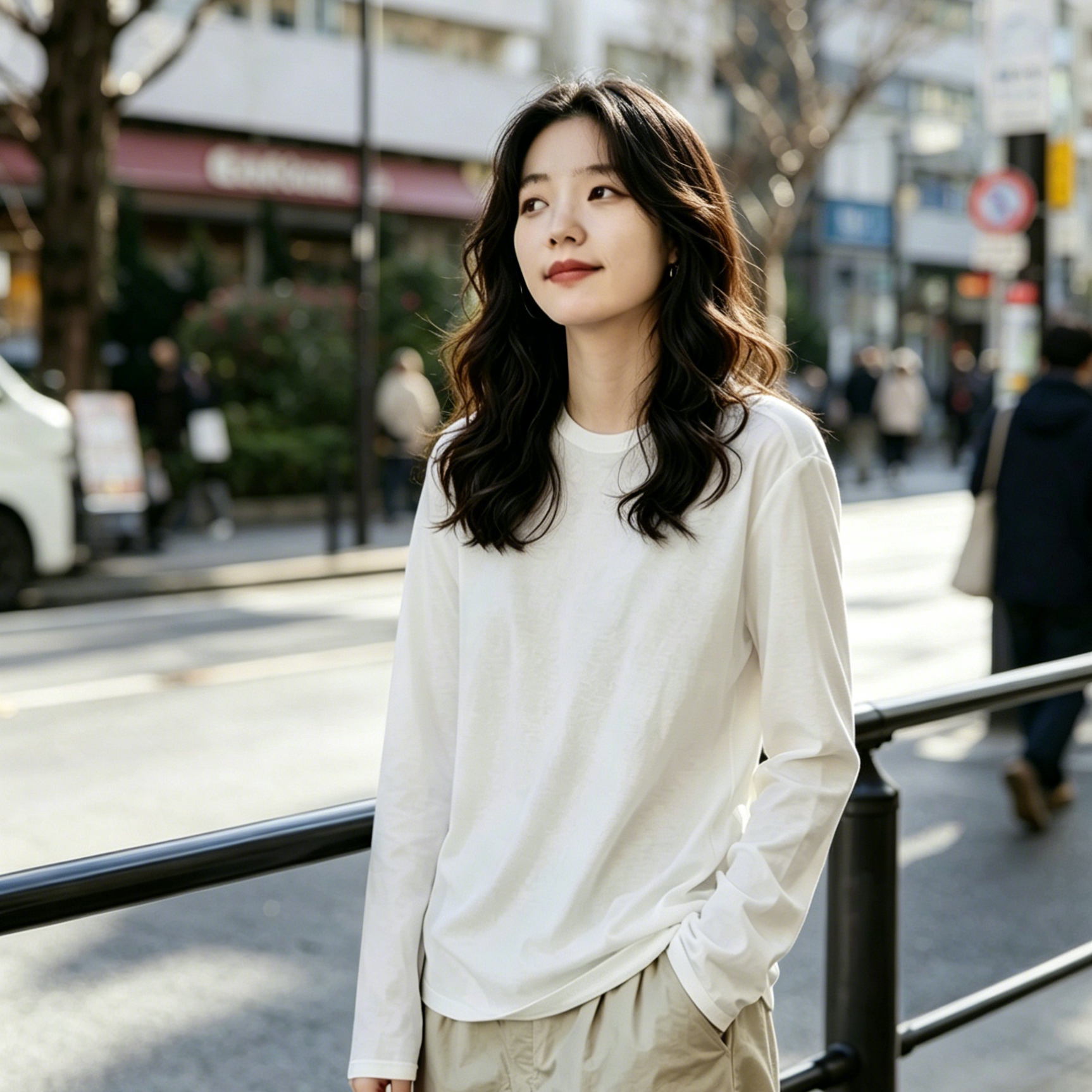青织谣简约休闲圆领百搭长袖轻薄棉麻针织T恤女白色