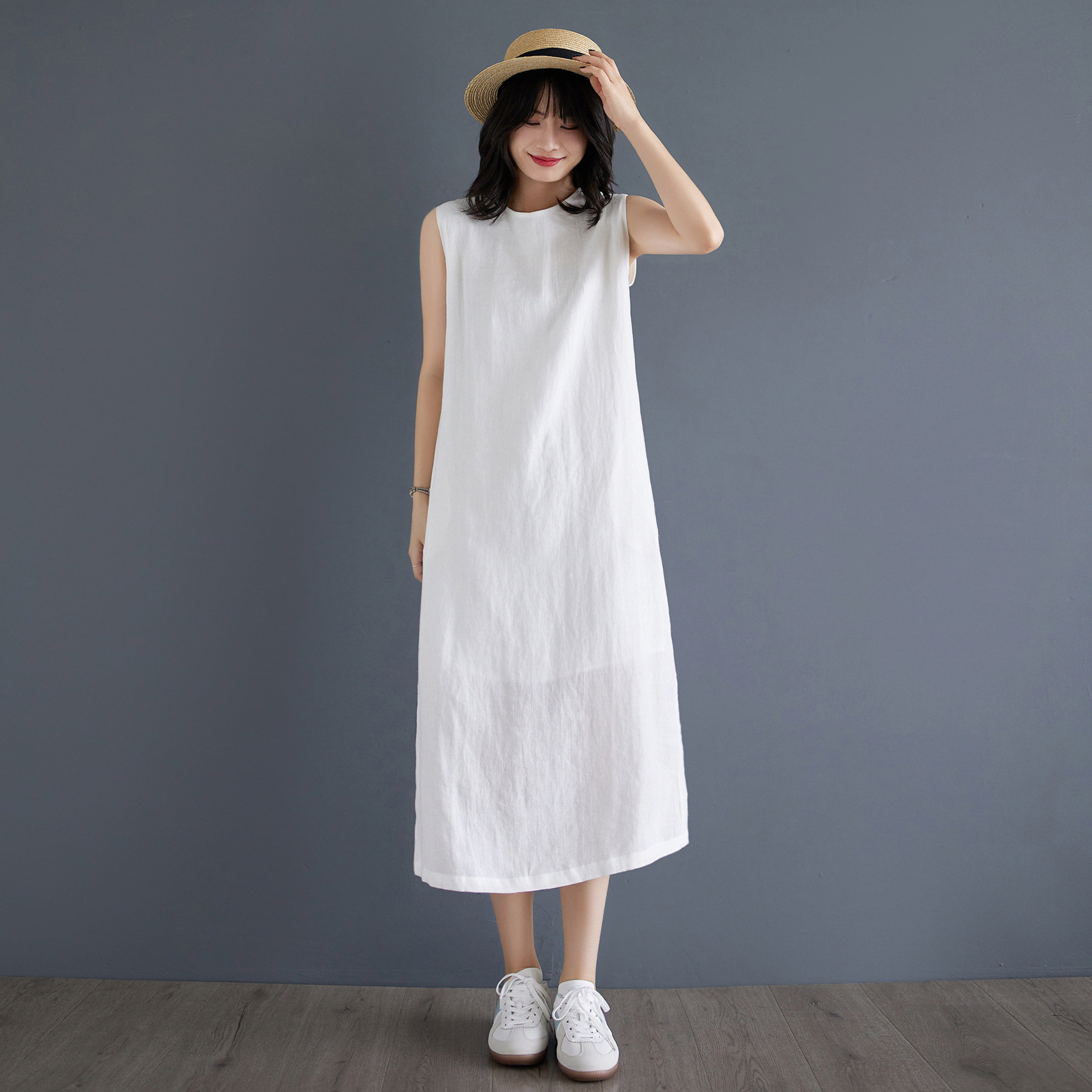 青织谣白色棉麻女装织亚麻背心连衣裙女文艺休闲龄显瘦无袖裙子