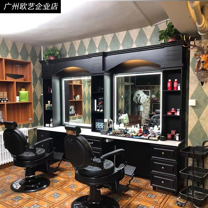理髲店镜台复古美发店专用剪发实木镜子男士油头馆Barber专用镜台