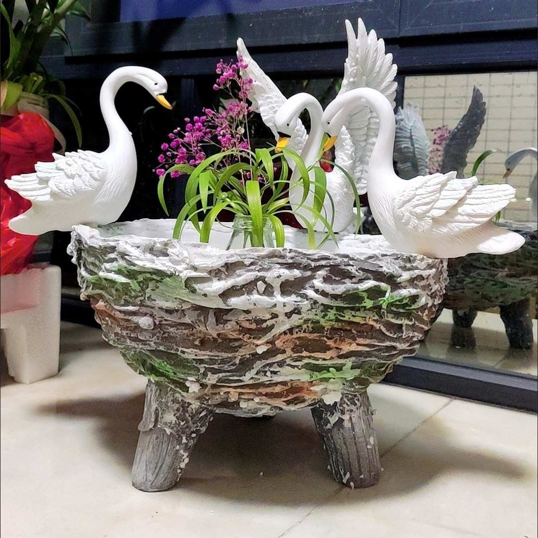 花园创意绿萝水培花盆藤条天鹅盆树脂工艺品庭院花园装饰造景摆件