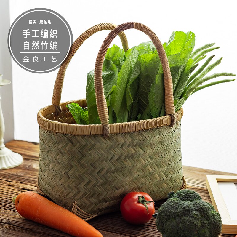 批发竹编买菜篮购物篮提手篮竹制品手工编织采摘篮外出竹提