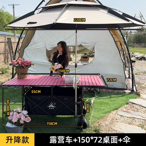 多用途便携防雨遮阳棚推车带1x68*72桌板摆摊车露营用大容量拉车