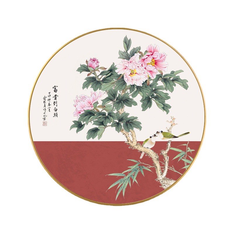 牡丹园 新中式玄关样板房装饰画牡丹G国画中国红圆形花鸟客厅壁画