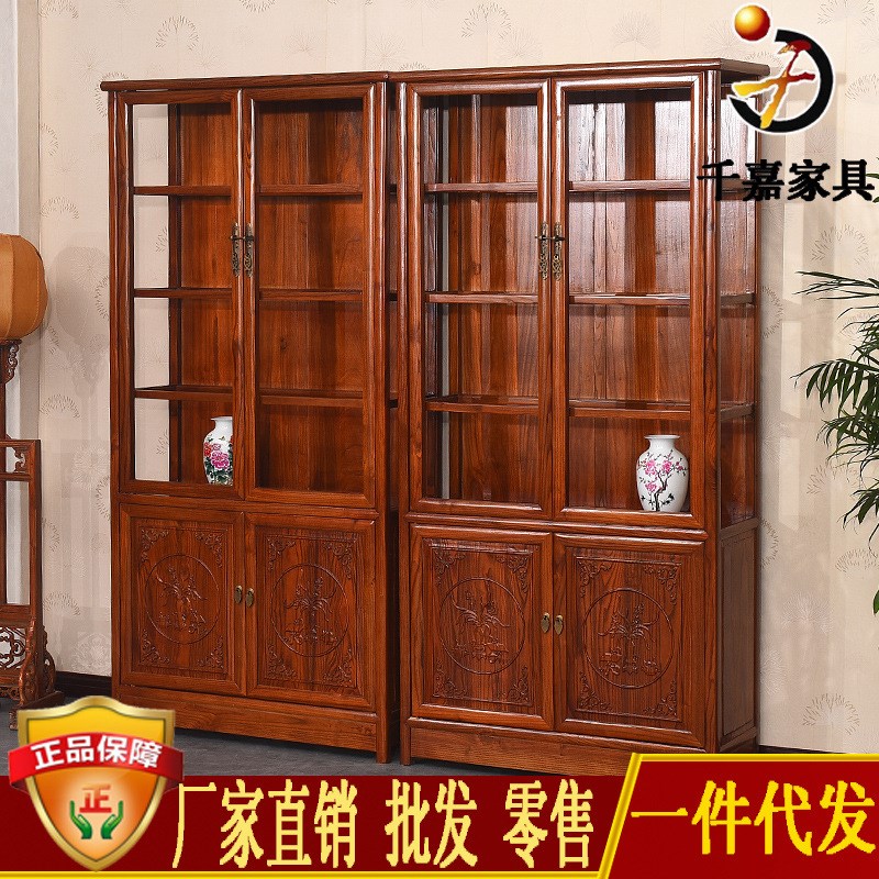 榆木玻璃展示柜 木质珠宝柜 仿古木质书架L 玻璃书柜组合 木质柜