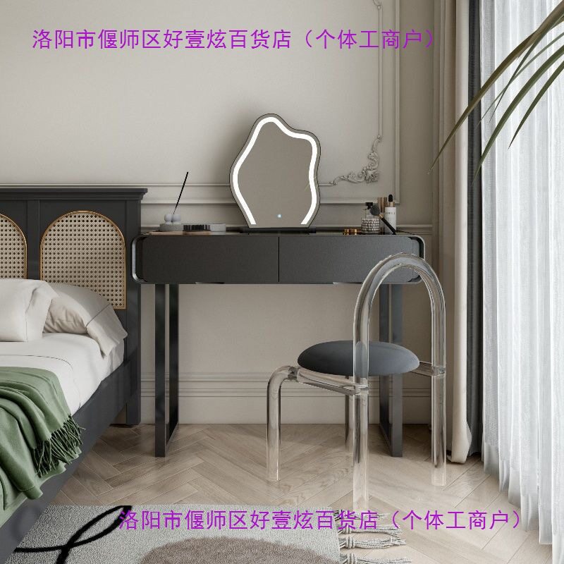 梳妆台全实木中古风主卧室简约现代新款床头书桌一体纯黑色化妆桌