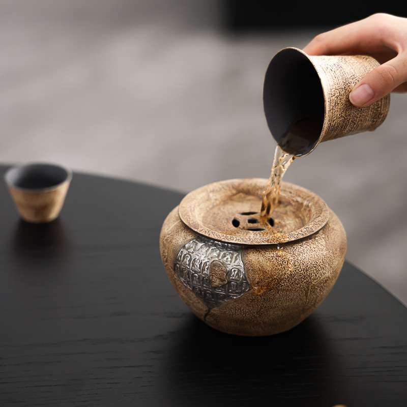 复古老岩泥建水粗陶鎏银大号茶洗陶瓷家用茶渣废水缸水盂茶具配件
