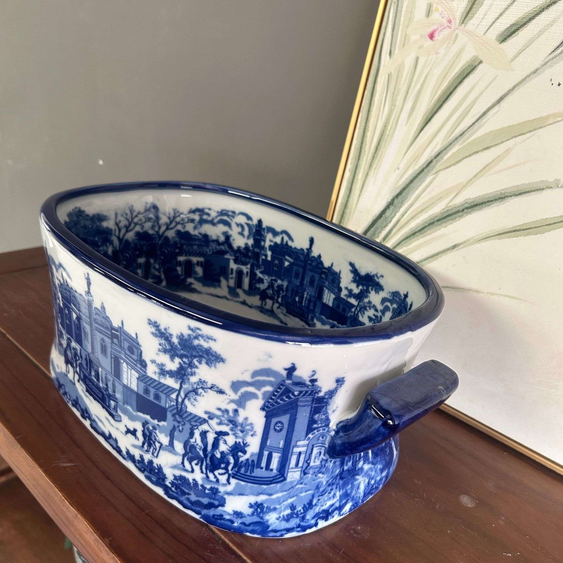 山水青花瓷盆复古陶瓷花瓶花盆阳台院子种树大口径置物盆双耳大盆