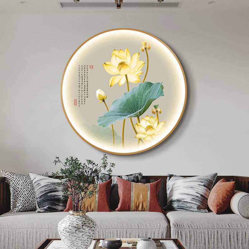圆形带灯装饰画新中式荷花壁画餐厅茶室卧室走廊玄关挂画入户墙画