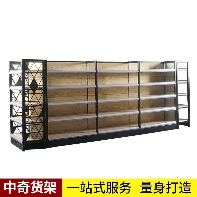木纹转印货架双面超市货架便利店钢木货架展示架四柱货架
