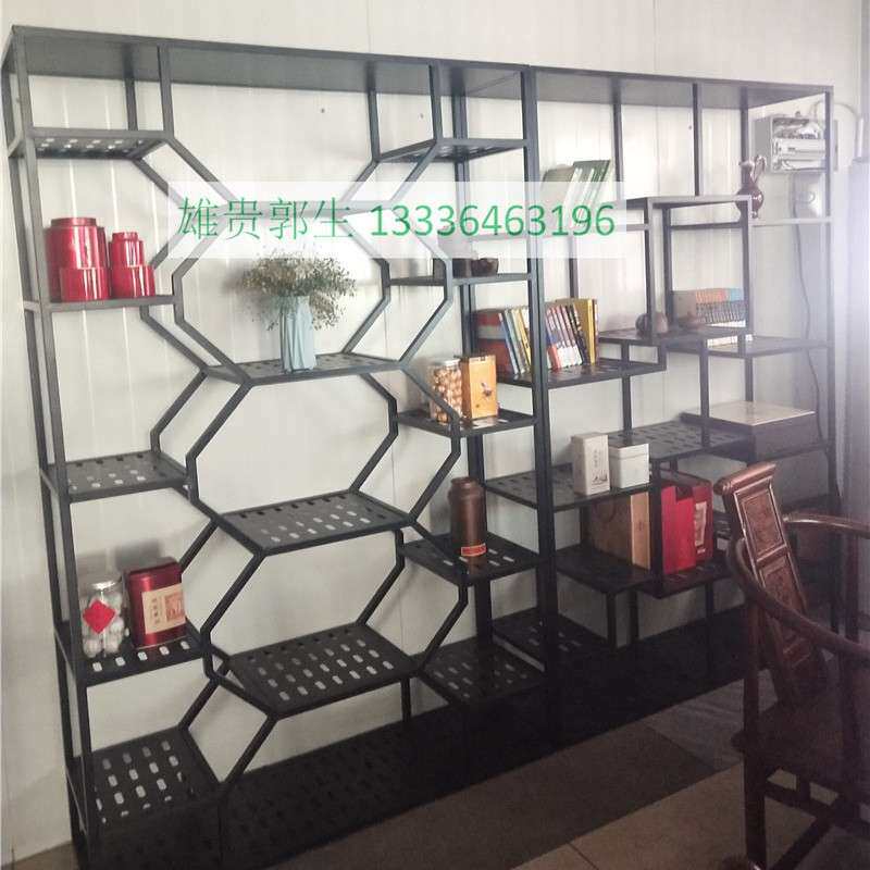 美式实木铁艺屏风隔断复古书架工业风玄关LOFT置物架储物柜展示架