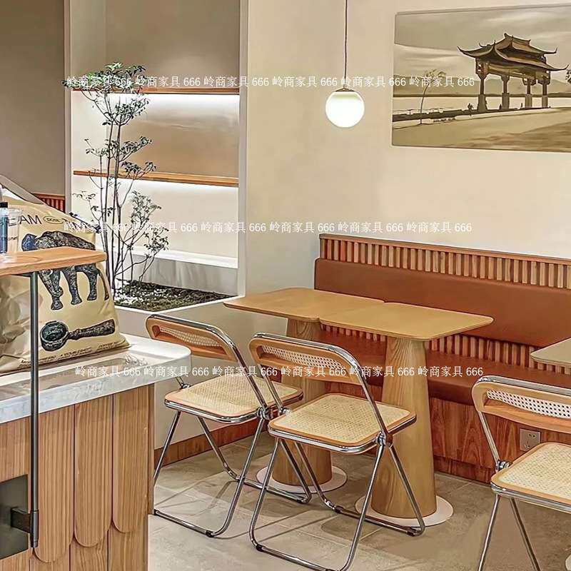 简约现代手工藤编钢管折叠餐椅奶茶小吃店咖啡厅复古餐桌椅组合