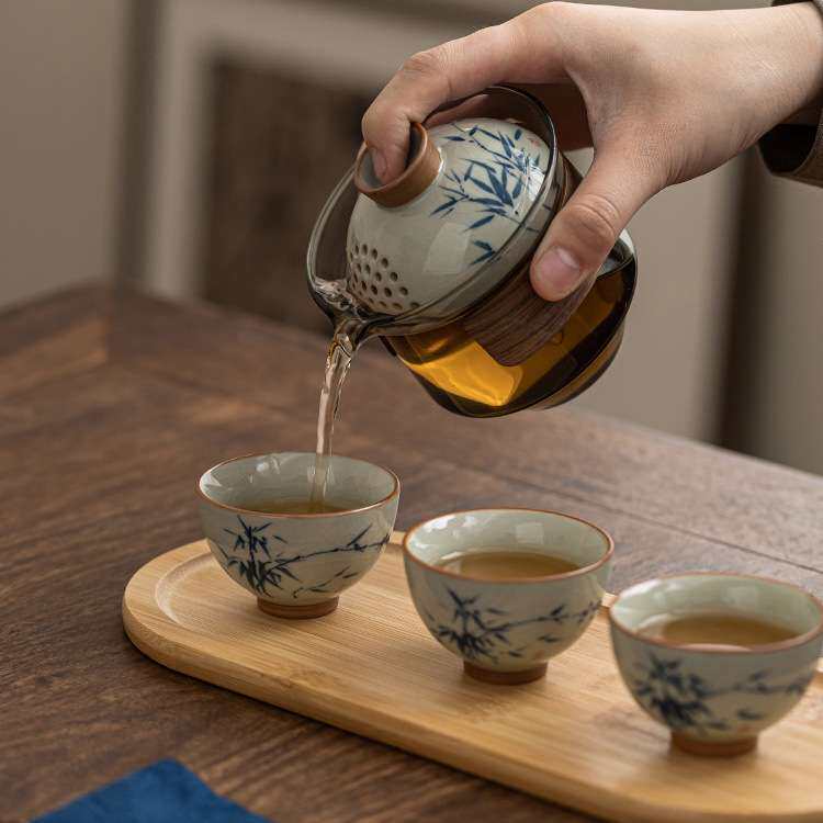 旅行茶具套装手绘冰裂釉汝窑哥窑盖碗茶壶杯一人户外便携式快客杯