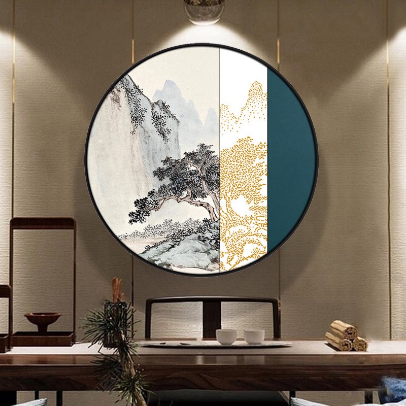 新中式装饰画圆形抽象山水画卧室床头挂画走廊尽头壁画Z玄关入门