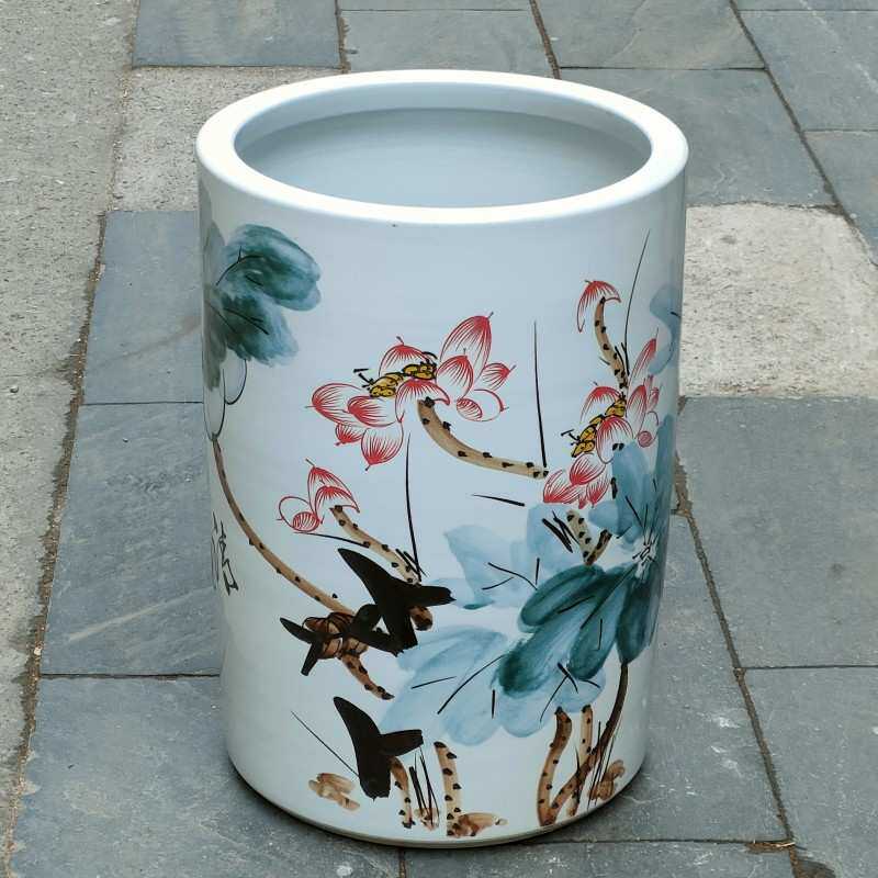 陶瓷书画筒雨伞缸手绘荷花卷轴字画缸家居书房装饰陶瓷摆件收藏品