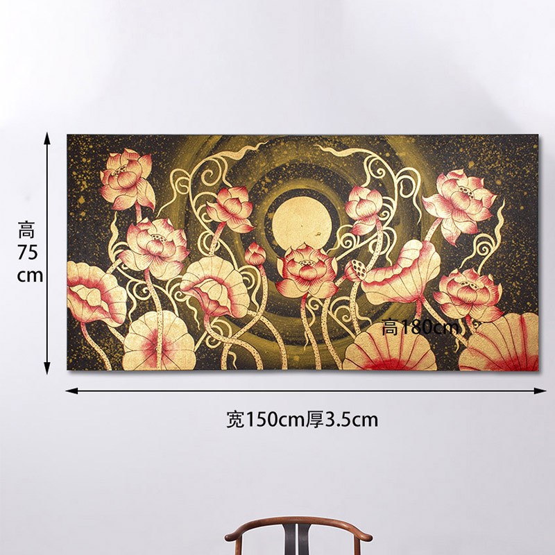 东南亚手绘油画泰式玄关走廊壁画客厅创意挂画过U道横版金箔荷花