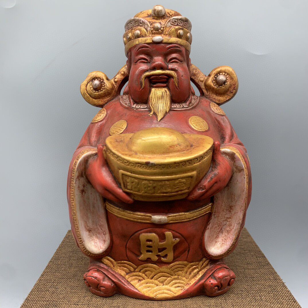 古玩收藏仿寿山石雕朱砂描金91财神摆件客厅装饰