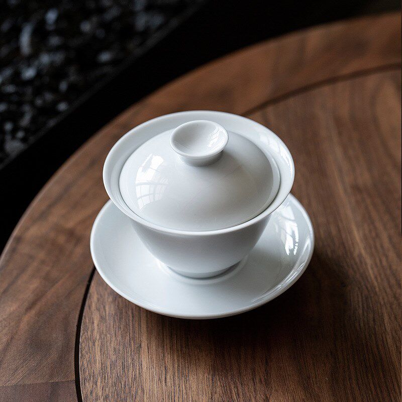 甜白釉三才盖碗茶杯陶瓷茶具家用手抓茶碗白瓷R大号家用手工敬茶