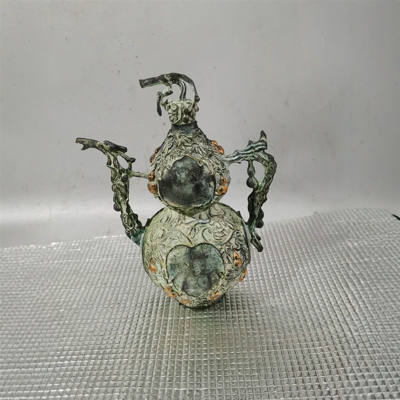 鎏金青铜器葫芦茶n壶福禄葫芦老式绿锈包浆酒壶铜立体摆件